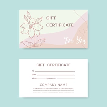 Modern style gift certificate template for salon, gallery, spa, store. Gift Certificate. vector