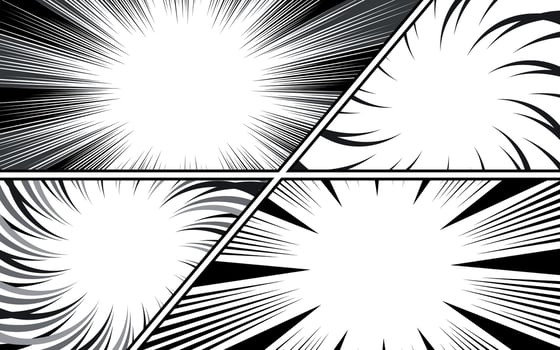 comic book page template with radial speed lines background in manga anime style. black and white illustration vector