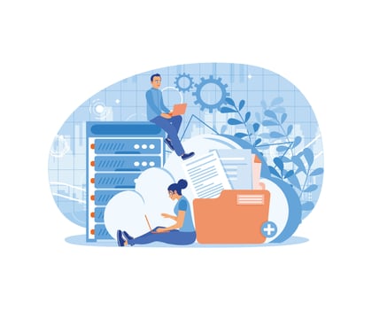 Men and women processing data online. Add files to the data center. Could Computing concept. Flat illustration. vector
