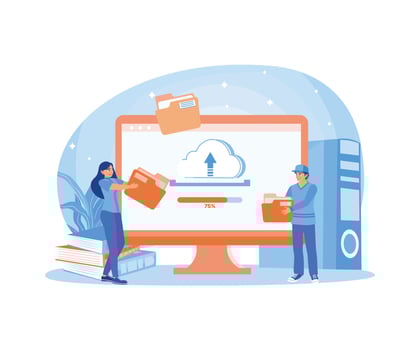Men and women store data in data centers. Exchange of information on the internet. Could Computing concept. Flat illustration. vector