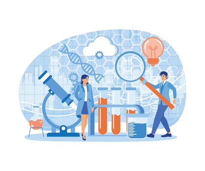 Scientists do DNA research in the laboratory. Biological and chemical experiments. Bio Technology concept. Flat illustration. vector