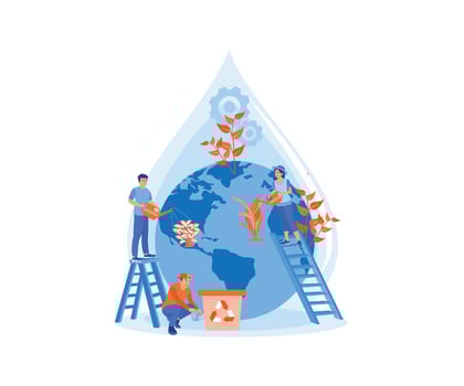 People protect the earth. Plant and water trees and recycle waste. Bio Technology concept. Flat illustration. vector