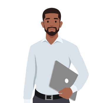 Pensive employee or businessman holding laptop. vector