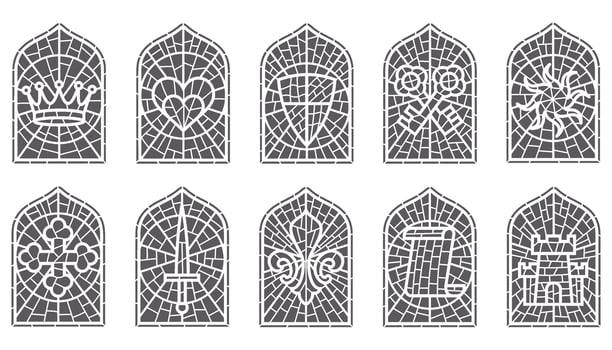 Church glass windows. Gothic arch frame with medieval symbols. Vintage architecture elements. Stained mosaic decoration set with crown, heart, shield and sword vector
