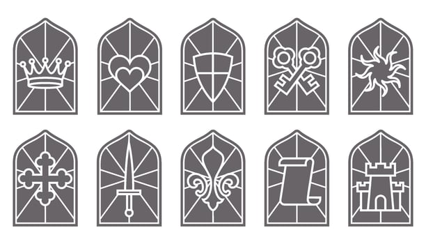 Church glass windows. Gothic arch frame with medieval symbols. Vintage architecture elements. Stained mosaic decoration set with crown, heart, shield and sword vector