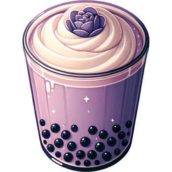 Exquisite purple boba tea with creamy topping and floral decoration, featuring black tapioca pearls in a stylish glass. png