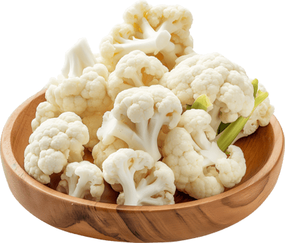 White cauliflower in a wooden bowl isolated on a transparent background png
