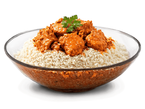 Butter chicken creamy and spiced with basmati rice on a transparent glass bowl warm tones png