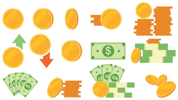 Set with cash bills and golden coins, Banknotes stack, Dollar bill packs and coins pile, Bank and finance, Profit, investment, income vector