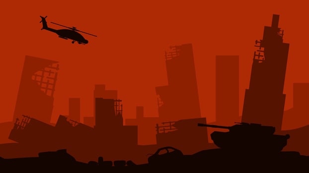 Landscape illustration of destroyed city and military battlefield vector
