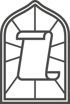 Church glass window. Gothic arch frame with medieval symbol. Vintage architecture element. Stained mosaic decoration with scroll of paper png