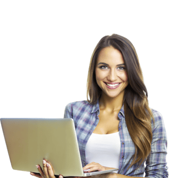 A cheerful woman in a casual plaid shirt uses a laptop in a well-lit setting, showcasing a positive attitude png