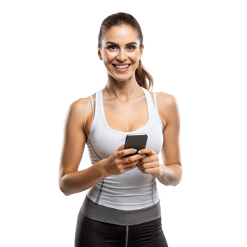A cheerful woman wearing a white tank top and black leggings smiles while using her smartphone png