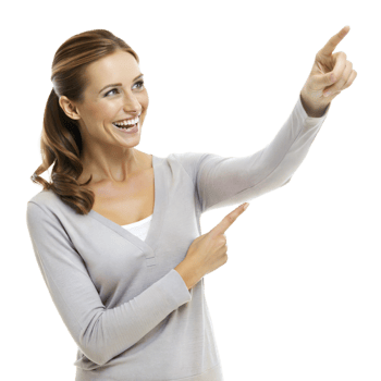 A cheerful woman in a gray sweater points excitedly to the right with both hands png