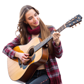 A young woman enjoys playing the acoustic guitar on a bright winter day, dressed in a plaid shirt and scarf png