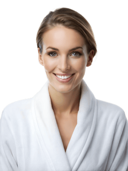 A woman is smiling, wearing a white bathrobe, with a transparent background png