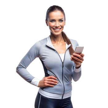 A cheerful woman in athletic clothing stands smiling, holding her smartphone against a transparent backdrop png