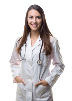 Smiling female doctor in a white coat with a stethoscope, hands in pockets, standing against a transparent background png