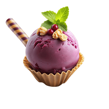 A single scoop of berry ice cream in a waffle cone, garnished with fresh mint and nuts, isolated on a transparent background png
