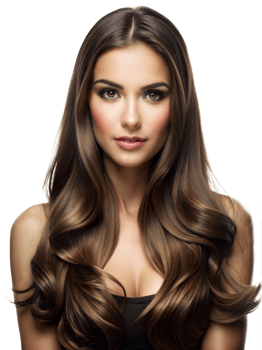 Woman with long, brown hair and bright eyes poses confidently against a transparent background png