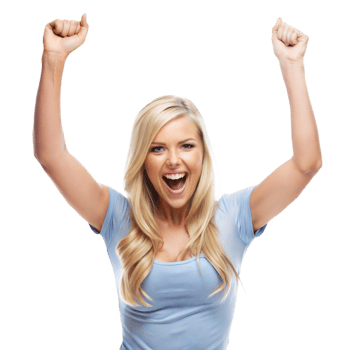 Blonde woman with raised arms and a joyful expression, celebrating a moment of success or achievement png