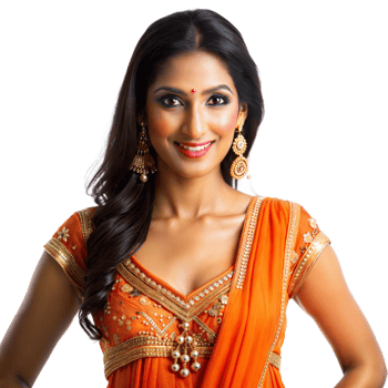 A cheerful indian woman in vibrant orange traditional dress and gold earrings smiles brightly against a plain transparent background png