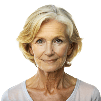 An elderly woman with blonde hair and blue eyes smiles warmly png