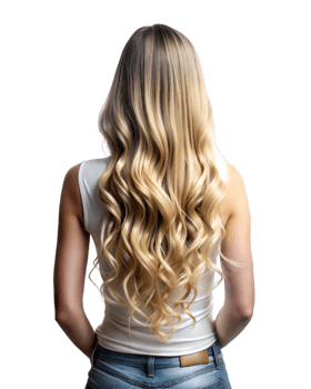A woman with long, wavy blonde hair is standing, her back to the camera, wearing a white top and blue jeans png