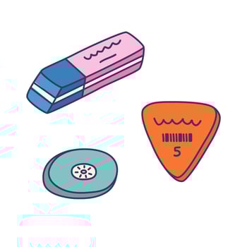 Cute colorful doodle set of pencil erasers for work, study in university. Classic, round, triangle rubber set for drawing, writing, correcting. School supply for kids with hand drawn outline vector