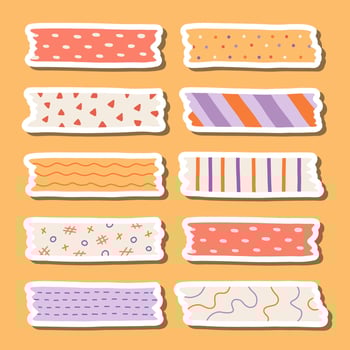 Cute sticker set of washi tape stripes with squiggle, geometry and abstract pattern for planners, notebooks. Ready for print list of stickers with cartoon adhesive scotch tape with ragged edges. vector