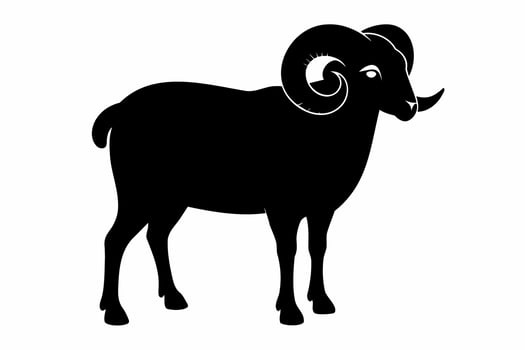Black silhouette of a standing male ram with curled horns. Sheep concept, animal icon, livestock design, agriculture theme. Black silhouette isolated on white background. vector