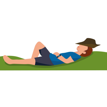Man in hat relaxing on the grass on vacation. png