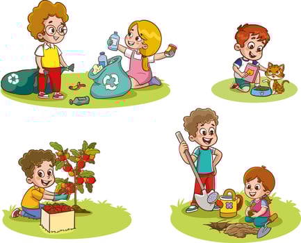 Set of cute kids volunteers. Save Earth. Waste recycling. Girls planted and watering young trees. Kids gathering garbage and plastic waste for recycling. vector