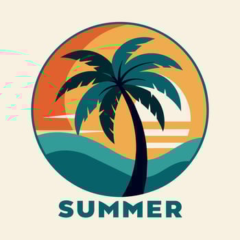 Logo emblem Summer Season with Coconut and Sunset for your design logo, community vector