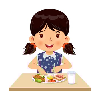 Little girl happy to eating breakfast. Cartoon illustration vector