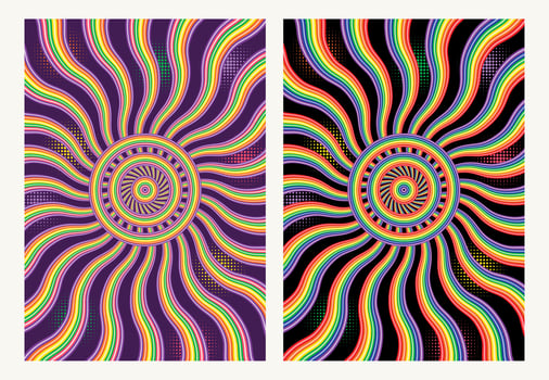 Psychedelic background with wavy distorted rainbow beams from the center 60s hippie wallpaper design. Colorful swirl, burst with halftone flashes behind For groovy, retro, pop art style Clipping mask vector