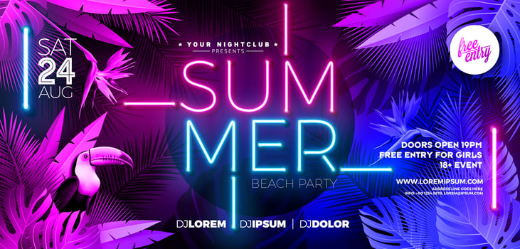 Summer Party Banner Design Template with Glowing Neon Light on Fluorescent Tropic Leaves Background. Summer Celebration Holiday Illustration for Banner, Flyer, Invitation or Celebration Poster. vector