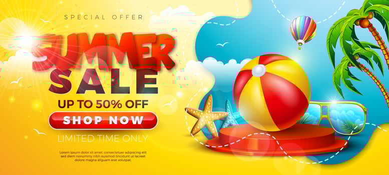 Summer Sale Design with Beach Ball, Sunglasses and Paper Text Label on Yellow Background. Tropical Floral Holiday Illustration with Special Offer Typography for Coupon, Voucher, Banner, Flyer vector