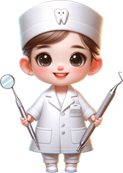 A cute female baby dentist in a white coat with dental tools in hand isolated png