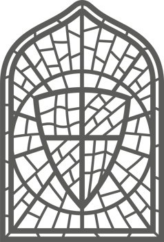 Church glass window. Gothic arch frame with medieval symbol. Vintage architecture element. Stained mosaic decoration with shield png