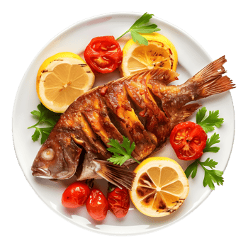Grilled Fish in a Plate on Transparent Background png