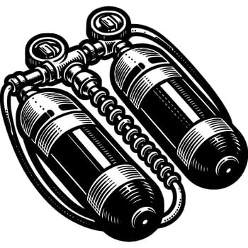 Dual oxygen diver cylinder in monochrome. Spearfishing equipment. Simple minimalistic in black ink drawing on white background vector