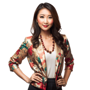 A professional woman with a floral blazer and statement necklace poses confidently png