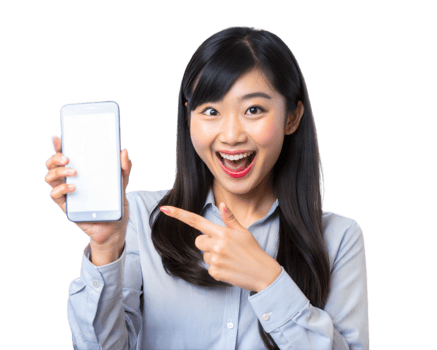 Woman in business attire, smiling and pointing at a blank smartphone screen with excitement png
