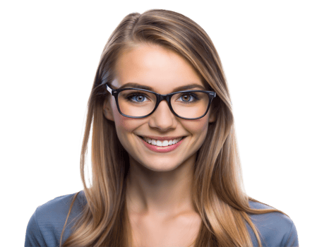 Young woman wearing glasses and smiling, with long blonde hair png