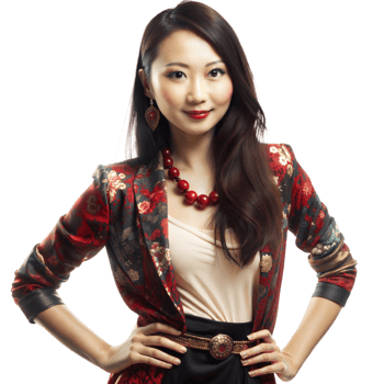 Confident woman wearing a floral jacket and red necklace, standing with hands on hips, smiling png