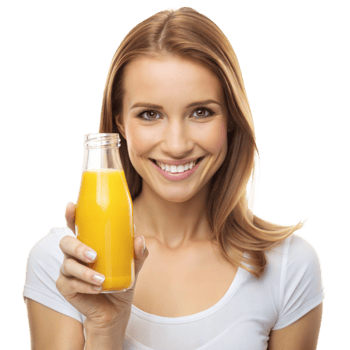 A cheerful woman holds a bottle of fresh orange juice png
