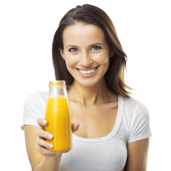 A cheerful woman in a white shirt is holding a bottle of fresh orange juice with a smile png