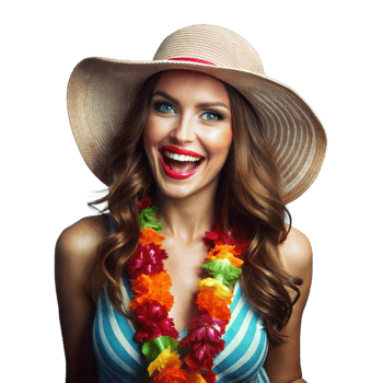 A cheerful woman, wearing a colorful lei and straw hat, enjoys a summer festival png