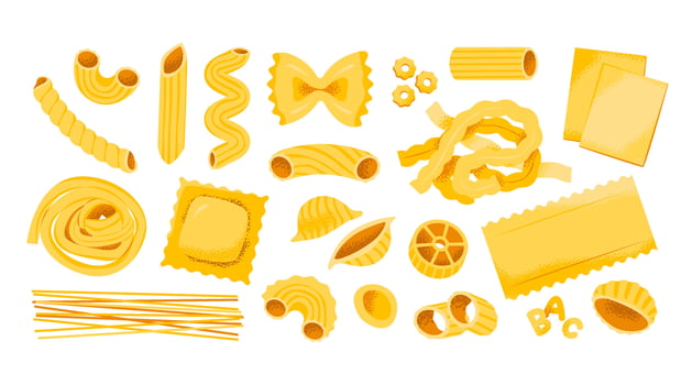 Various types of pasta set. Italian healthy cuisine. Different kind of classic pasta vector